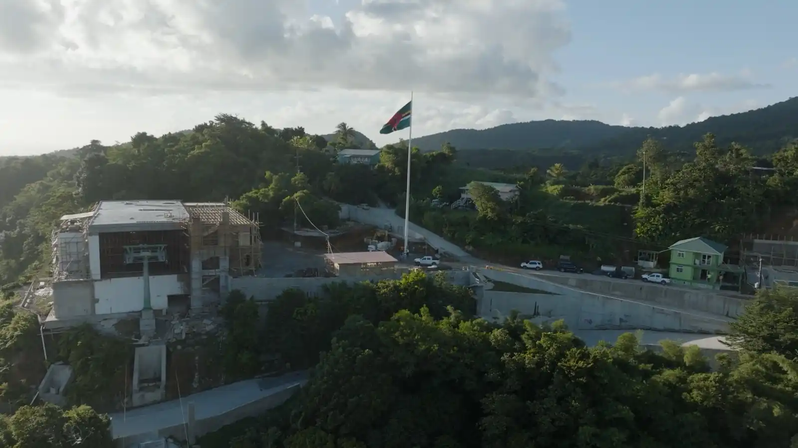 Aerial view of the Bottom station and proud national flag