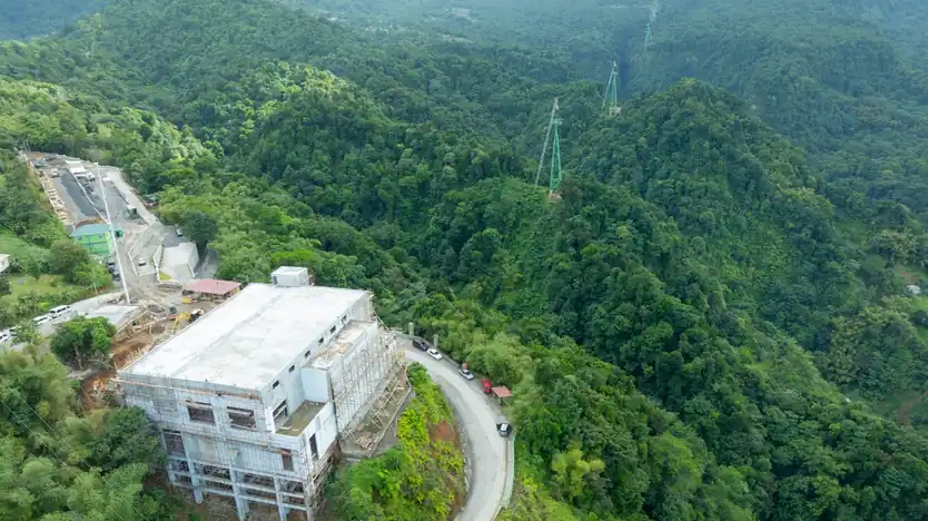 Drone shot of the cableway corridor through the jungle